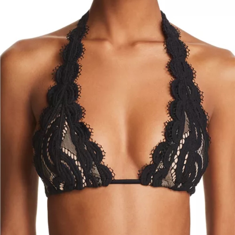 PQ Swim Lace Overlay Halter Bikini Top Black Size Large